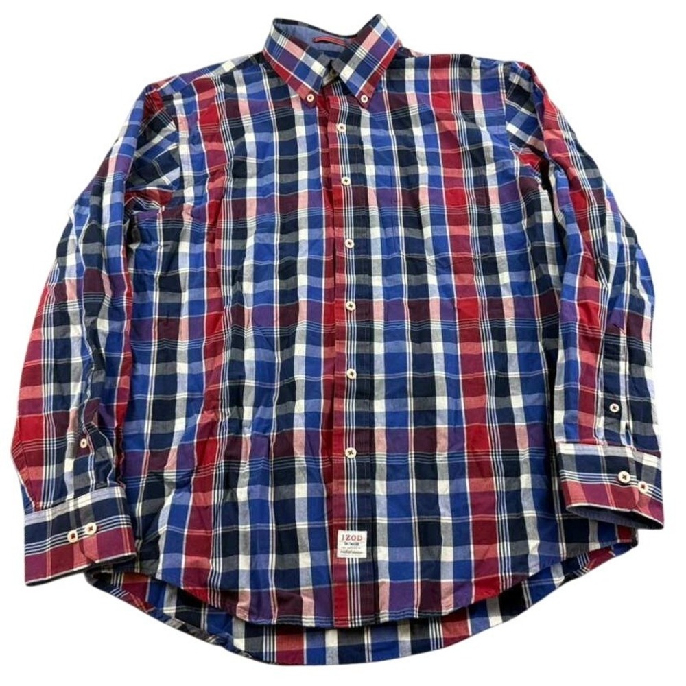 IZOD Button Up Shirt Men‎ M Long Sleeve Plaid Check Red Blue 100% Cotton Casual